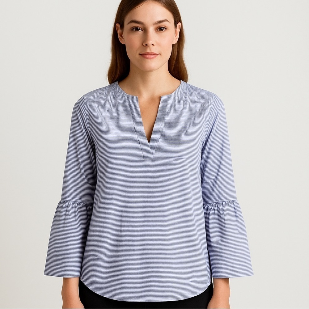 ✨ Ann Taylor Women’s M Blue White Striped Bell Sleeve Blouse | Classic